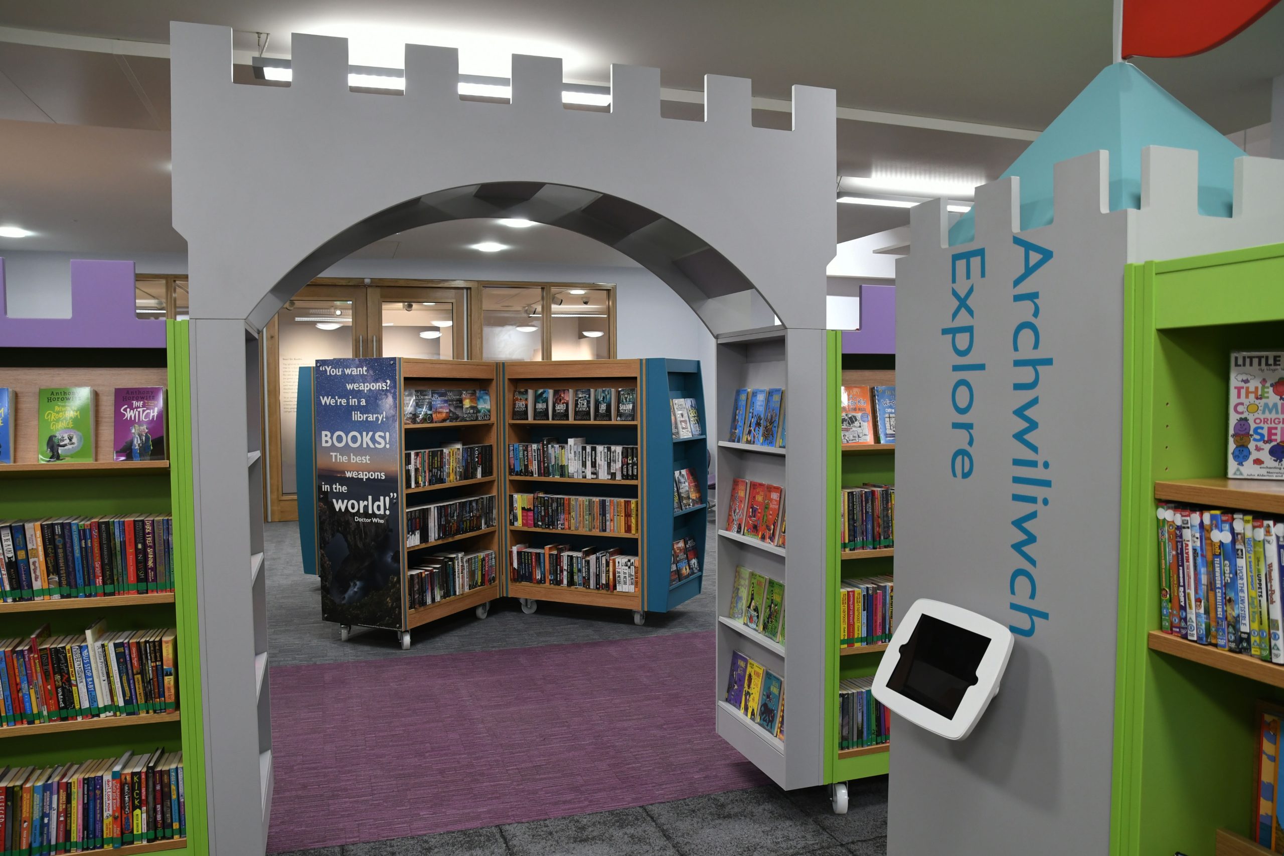 Castle turret style arch leading to Childrens area at Riverside Library Haverfordwest